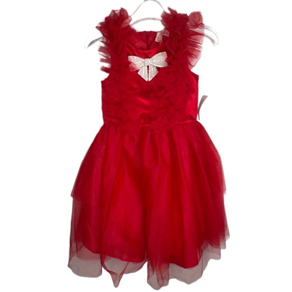 Jessica Simpson Girls Red Ruffled Dress with Bow Accent 6  NWT